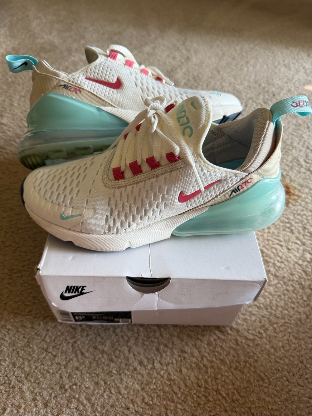Nike Women’s Air Max 270 Sneakers — off-White with tan & Aqua